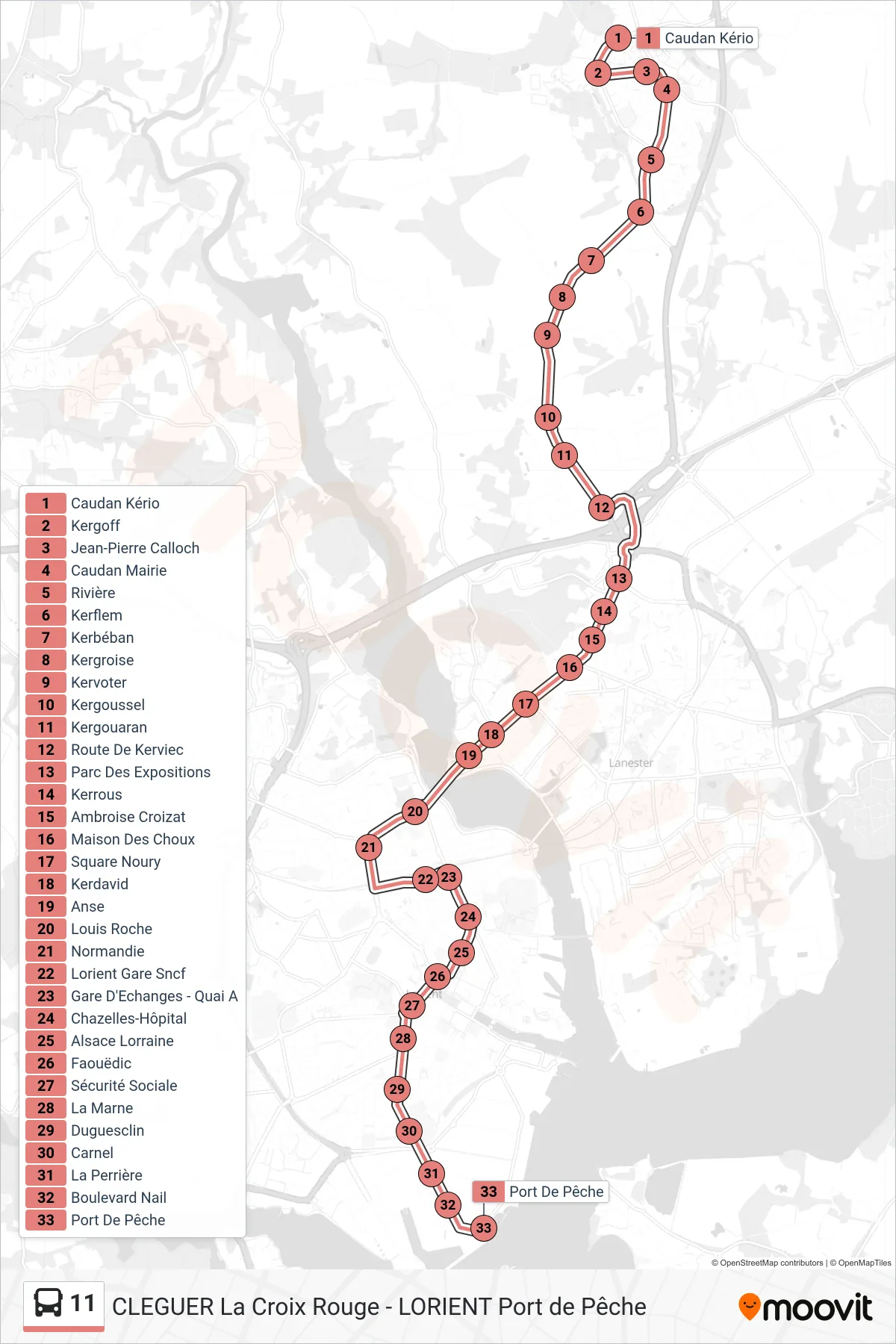 11 bus Line (Caudan Kério→Port De Pêche) route and stops on a map