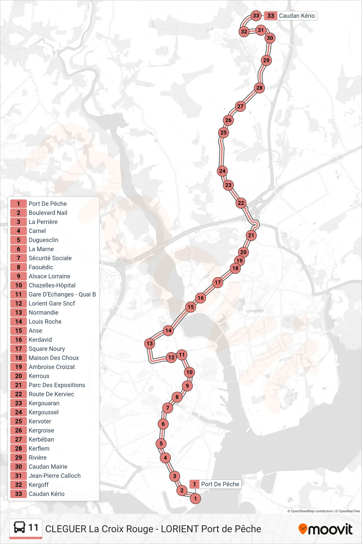 11 bus Line (Port De Pêche→Caudan Kério) route and stops on a map