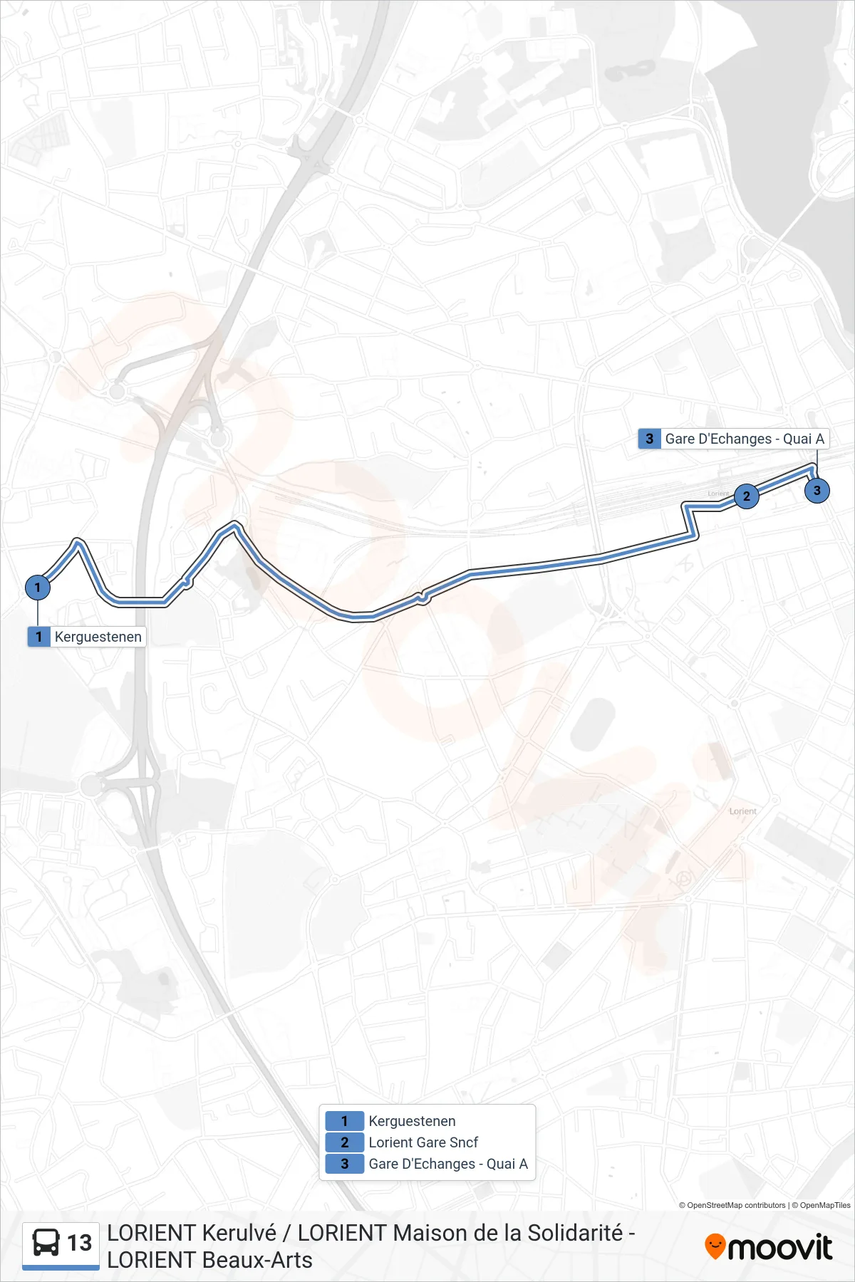 Tracé et arrêts de la ligne 13 de bus (Kerguestenen‎→Gare D'Echanges - Quai A) sur une carte