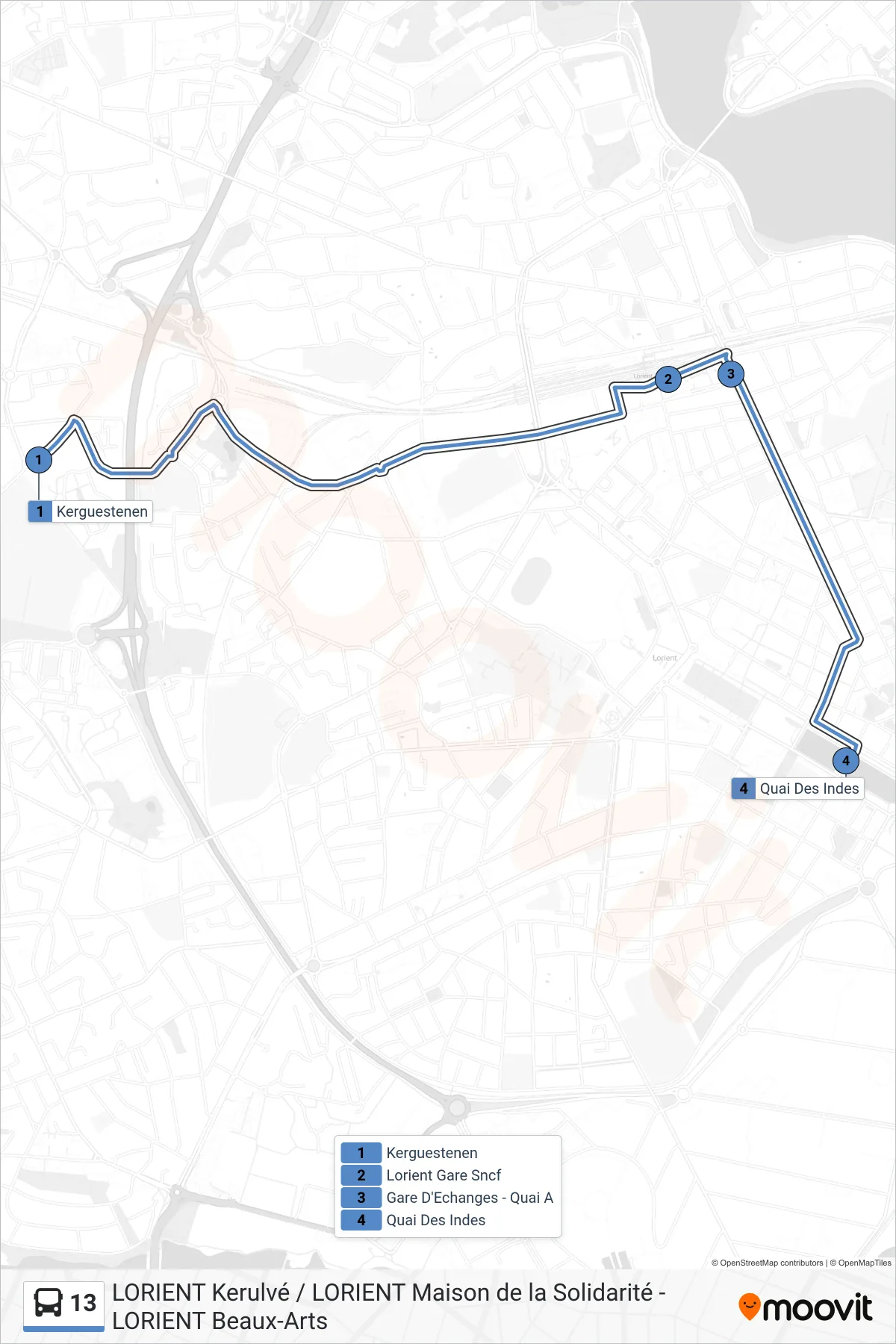 Tracé et arrêts de la ligne 13 de bus (Kerguestenen→Quai Des Indes) sur une carte