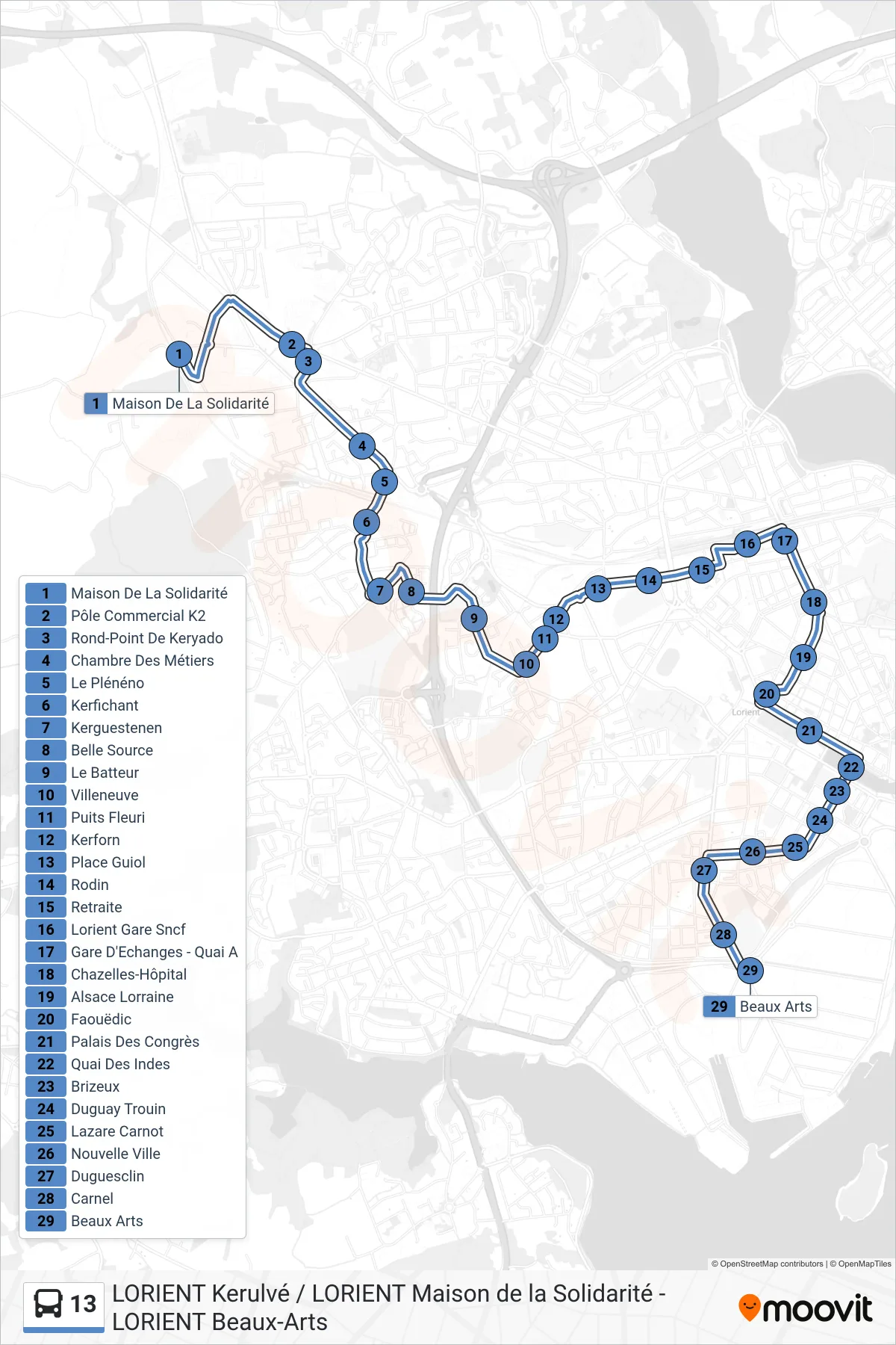 13 bus Line (Maison De La Solidarité‎→Beaux Arts) route and stops on a map
