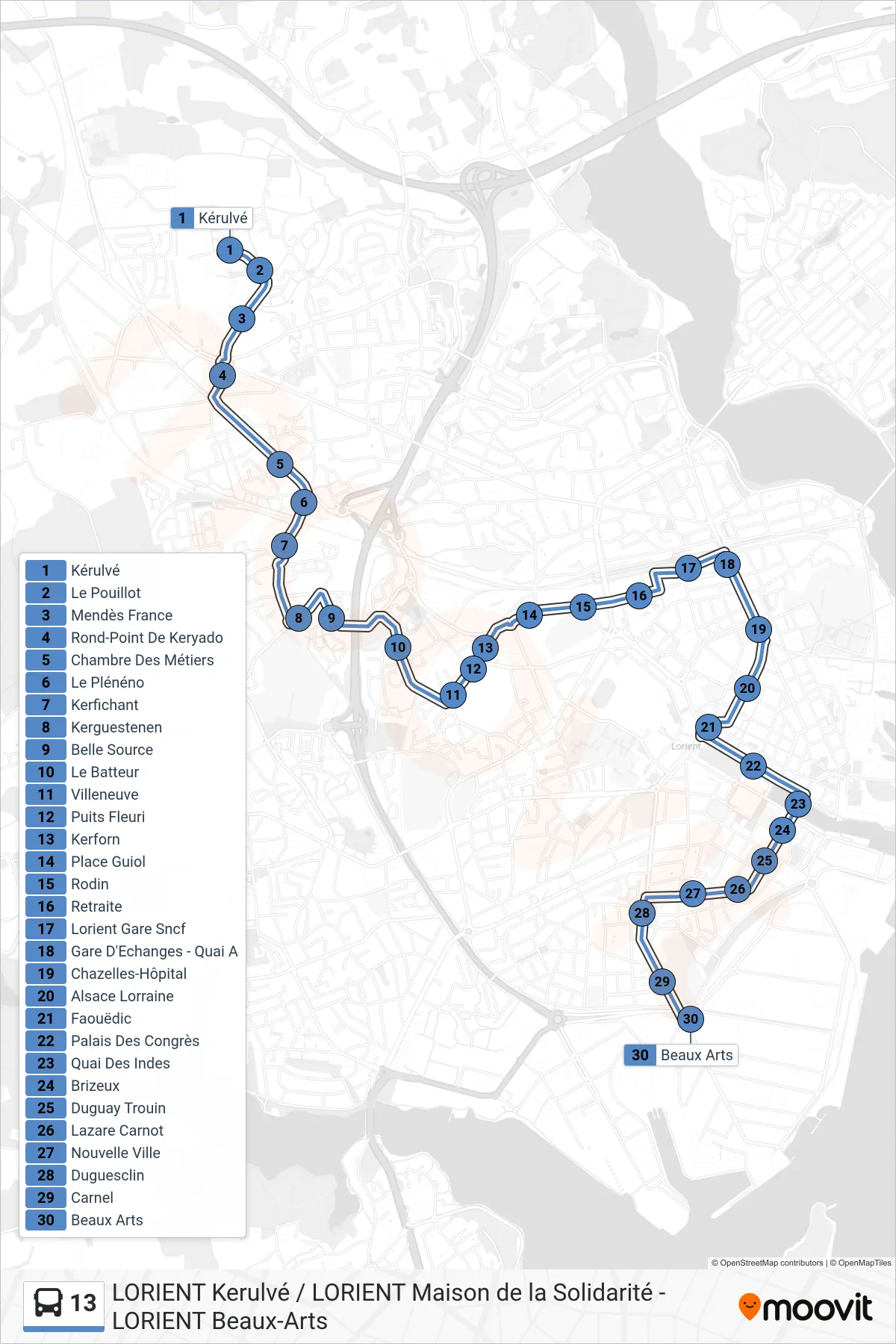 13 bus Line (Kérulvé→Beaux Arts) route and stops on a map