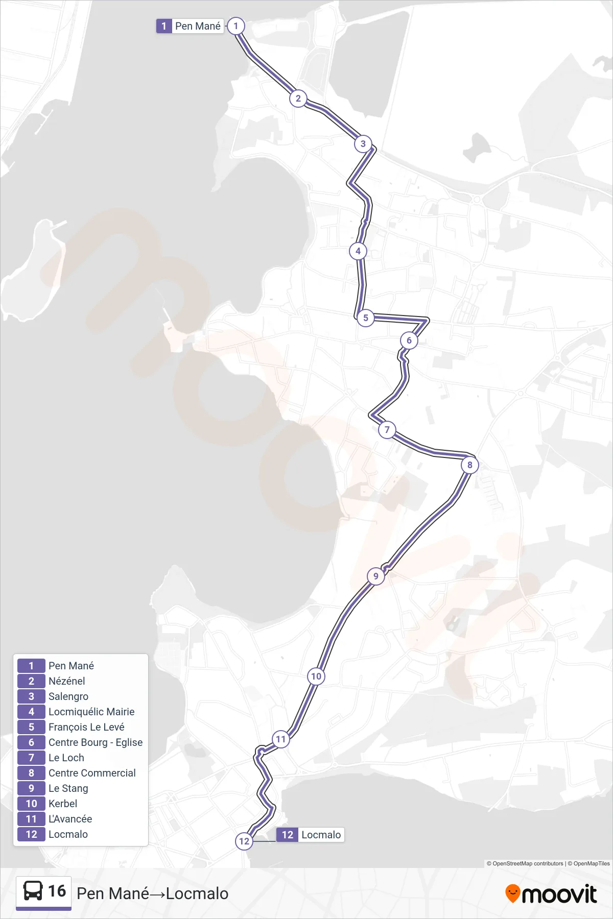 16 bus Line (Pen Mané→Locmalo) route and stops on a map
