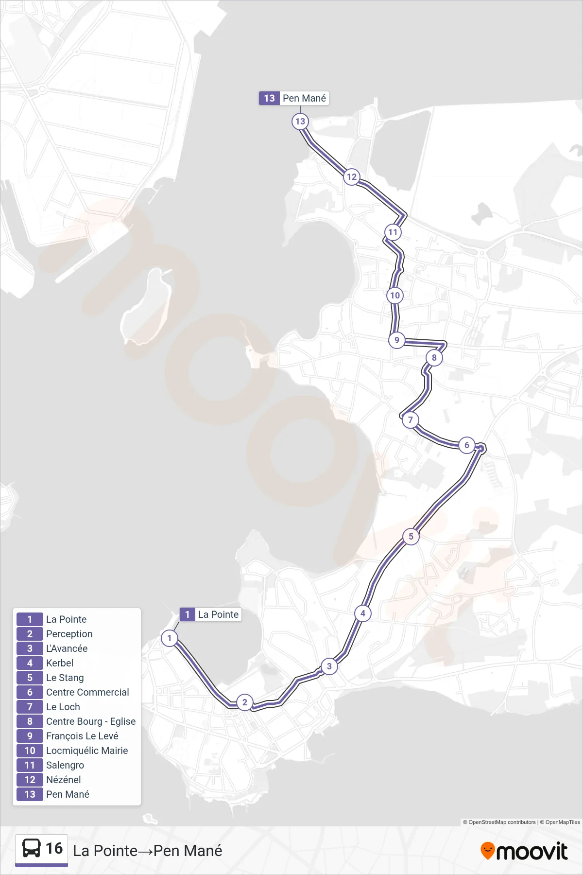 16 bus Line (La Pointe‎→Pen Mané) route and stops on a map