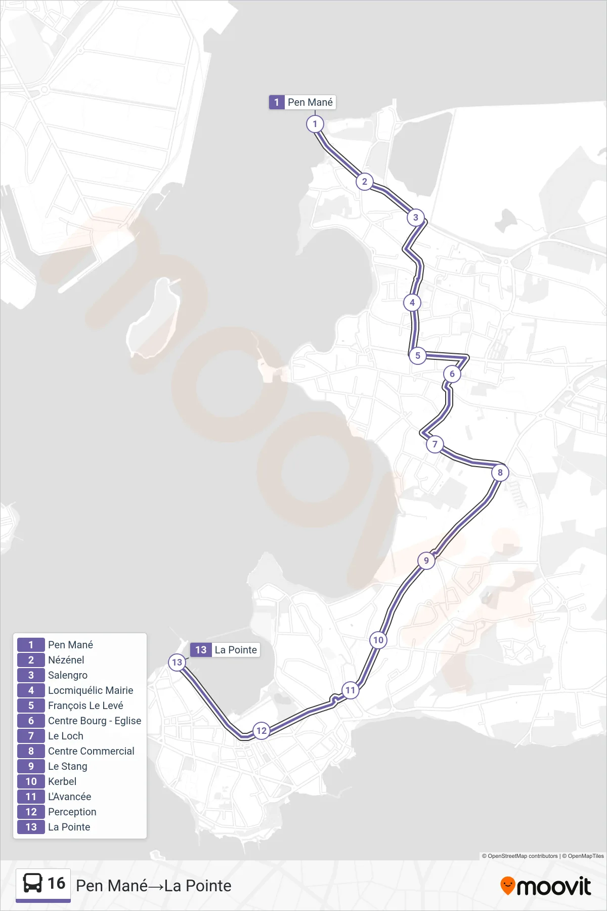 16 bus Line (Pen Mané‎→La Pointe) route and stops on a map