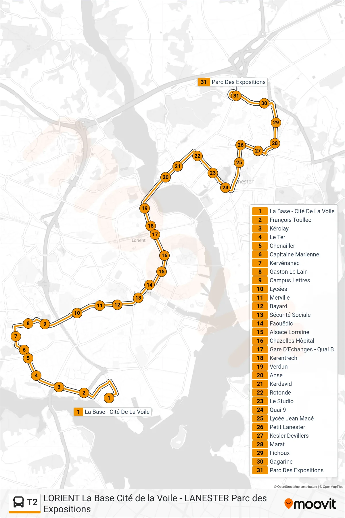 T2 bus Line (La Base - Cité De La Voile‎→Parc Des Expositions) route and stops on a map