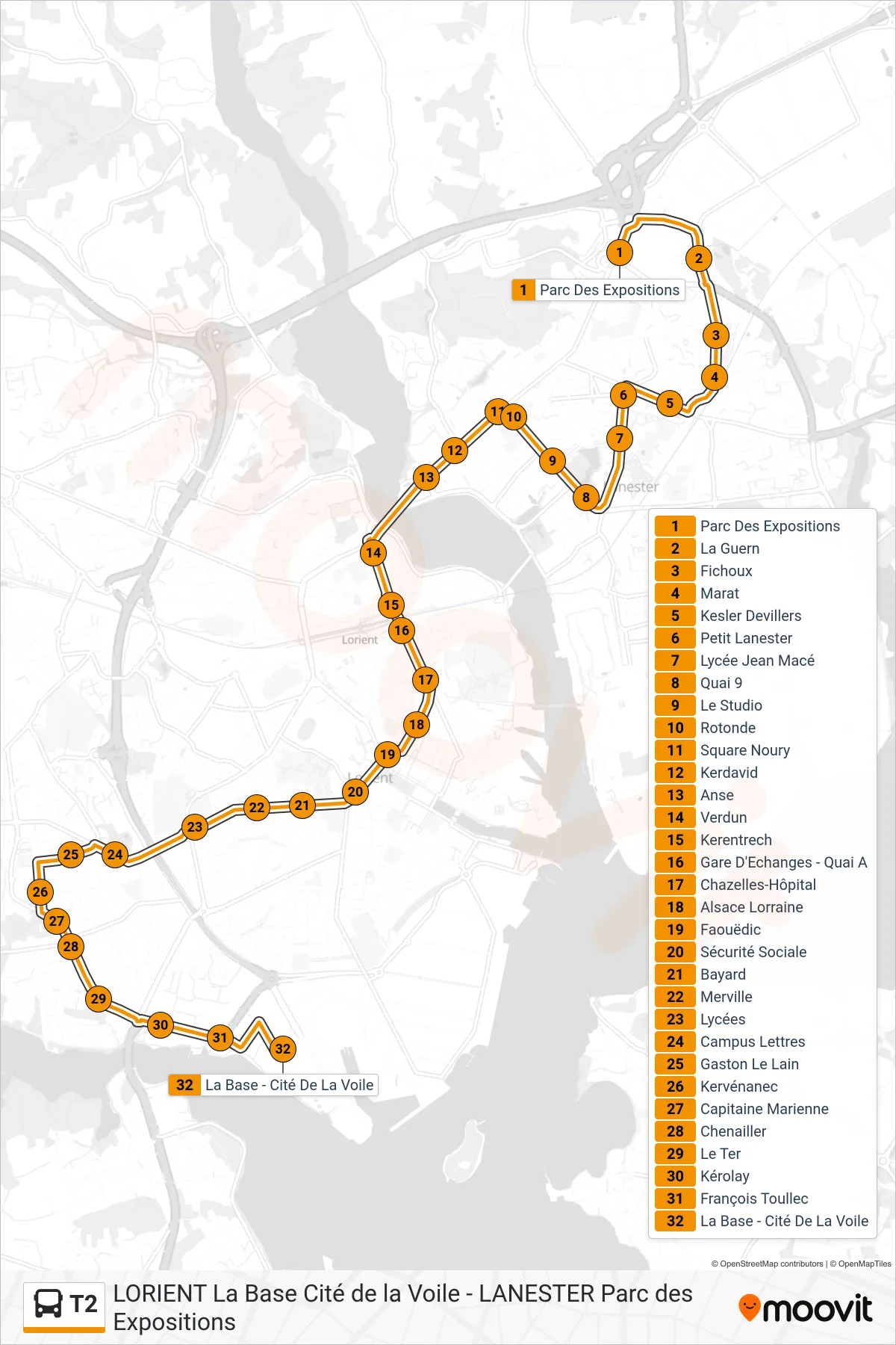 Tracé et arrêts de la ligne T2 de bus (Parc Des Expositions→La Base - Cité De La Voile) sur une carte