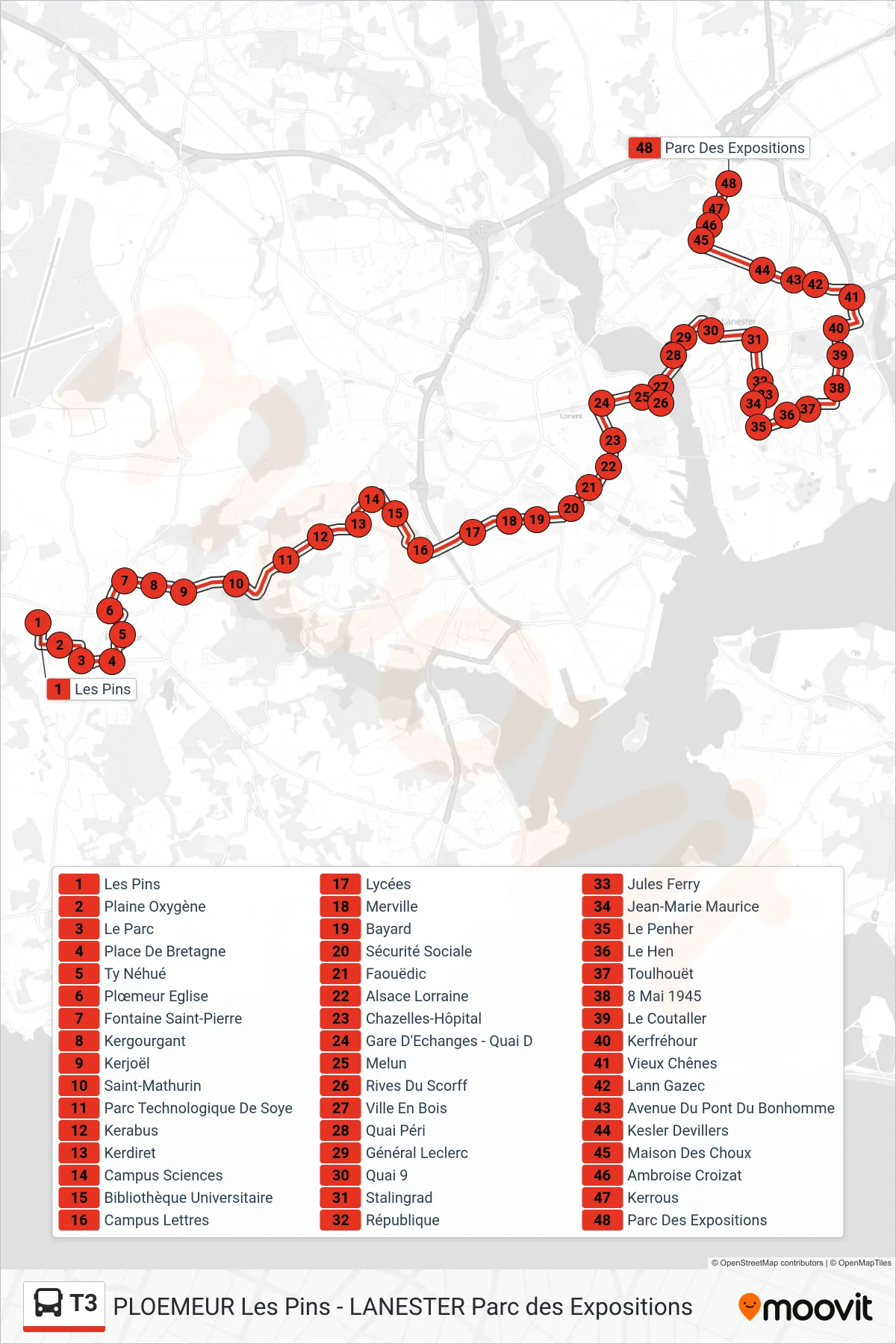 T3 bus Line (Les Pins‎→Parc Des Expositions) route and stops on a map