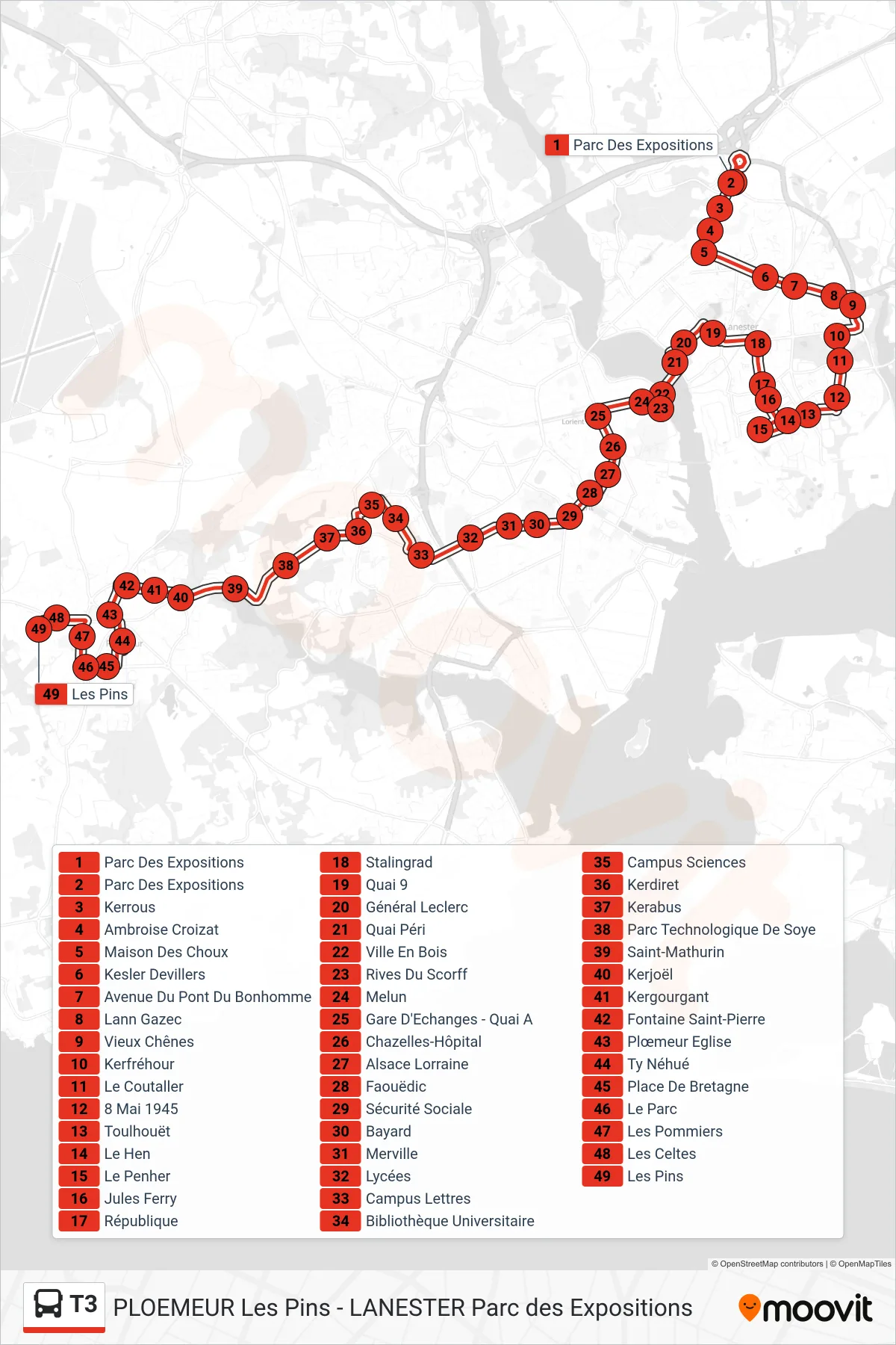 Tracé et arrêts de la ligne T3 de bus (Parc Des Expositions‎→Les Pins) sur une carte