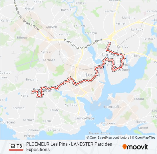 Plan de la ligne T3 de bus