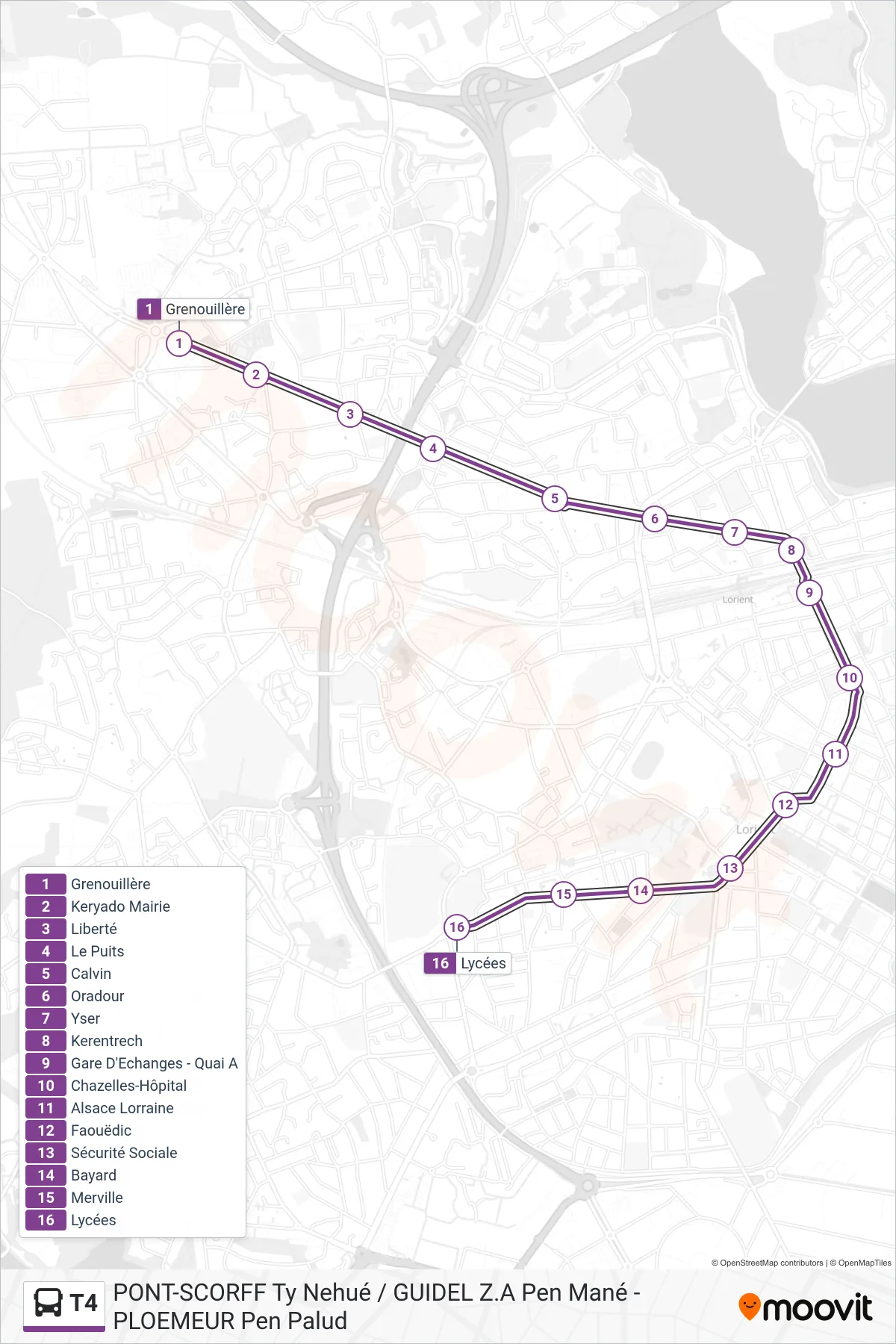 T4 bus Line (Grenouillère→Lycées) route and stops on a map