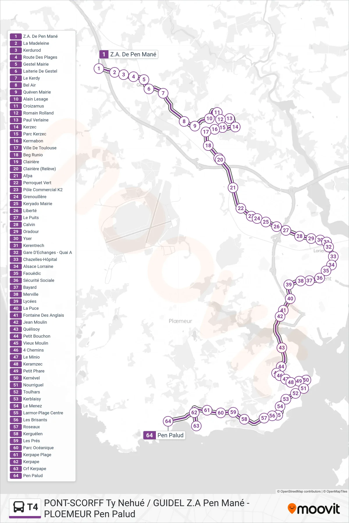 T4 bus Line (Z.A. De Pen Mané‎→Pen Palud) route and stops on a map