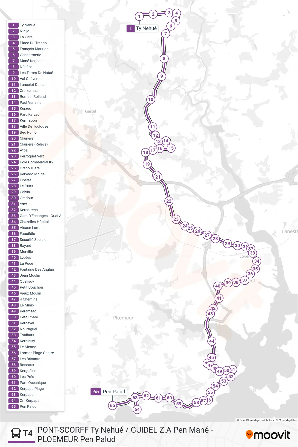 T4 bus Line (Ty Nehué‎→Pen Palud) route and stops on a map