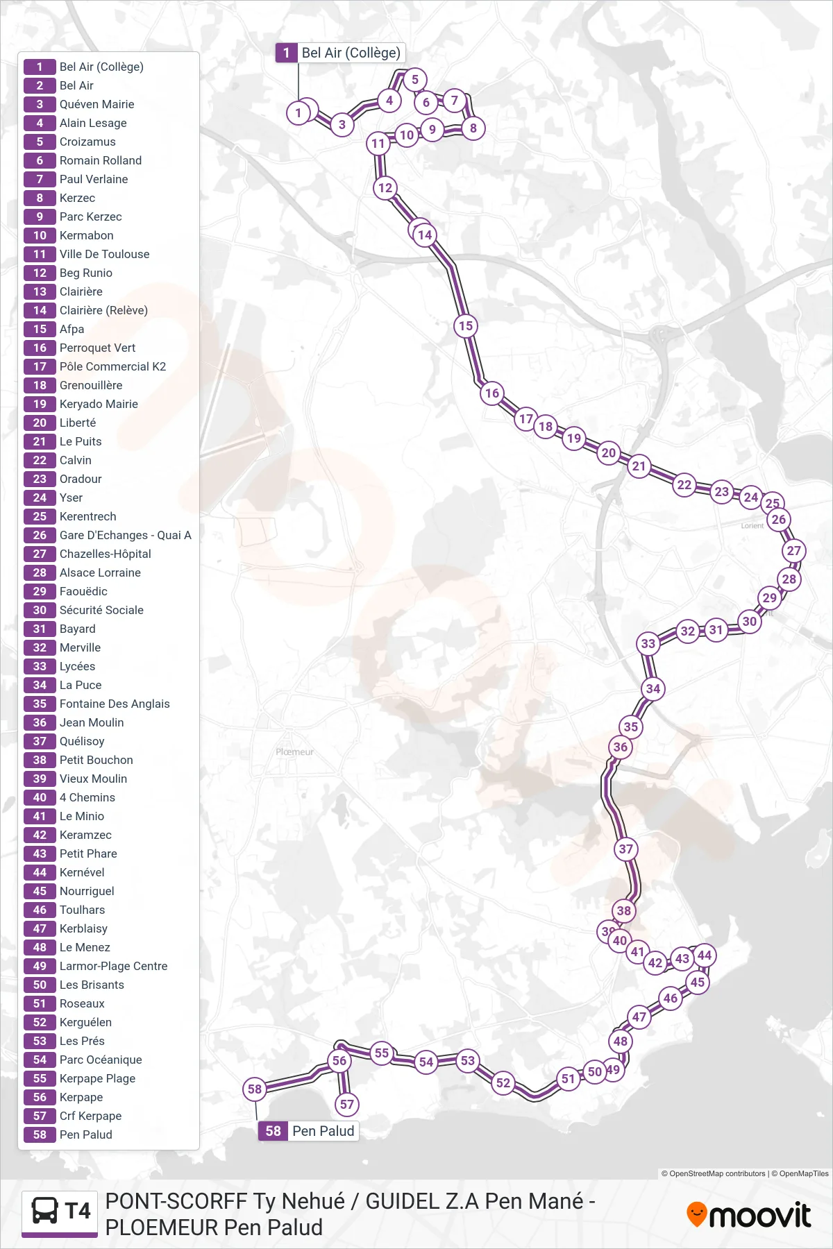T4 bus Line (Bel Air (Collège)→Pen Palud) route and stops on a map