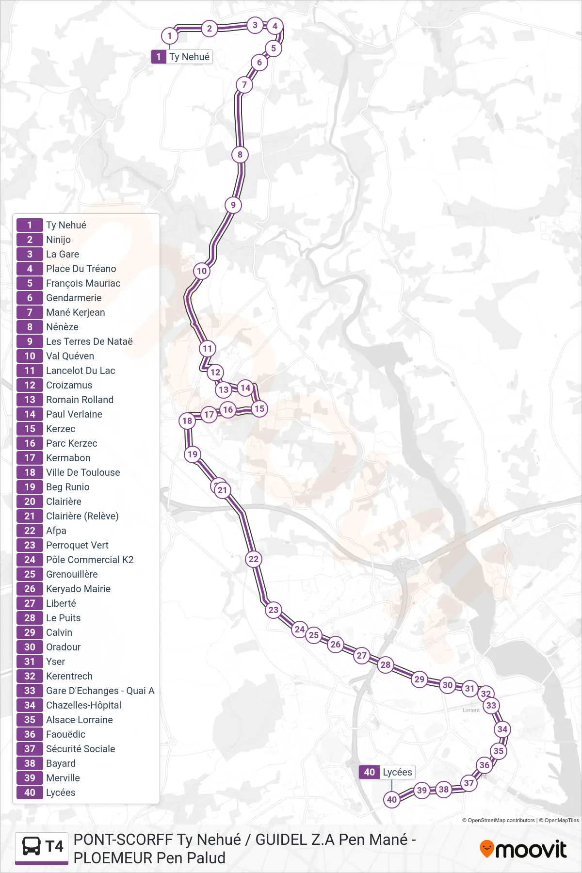 Tracé et arrêts de la ligne T4 de bus (Ty Nehué→Lycées) sur une carte