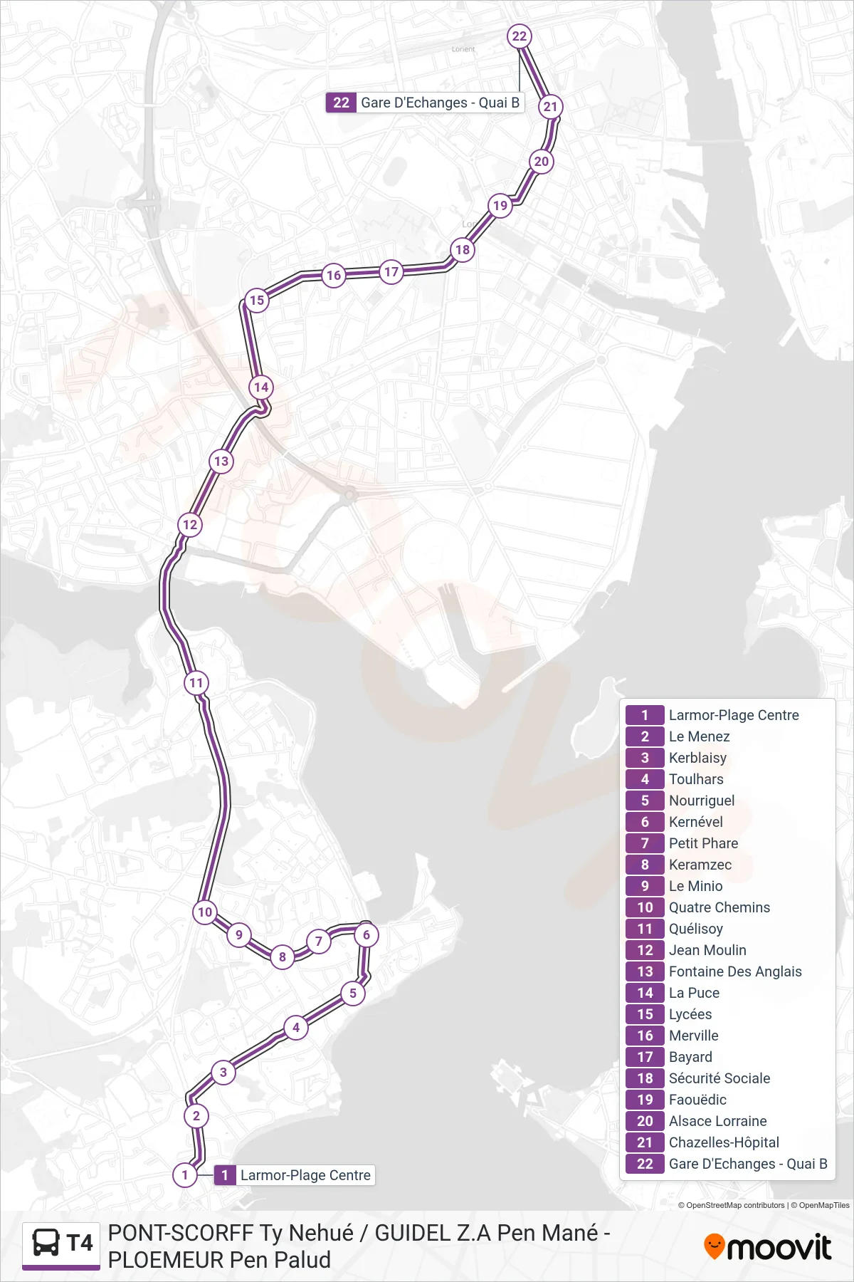 T4 bus Line (Larmor-Plage Centre→Gare D'Echanges - Quai B) route and stops on a map