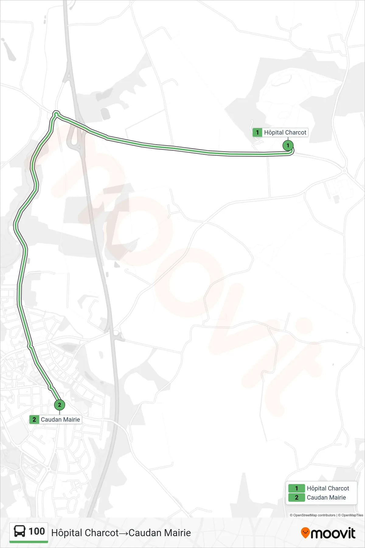 Tracé et arrêts de la ligne 100 de bus (Hôpital Charcot‎→Caudan Mairie) sur une carte