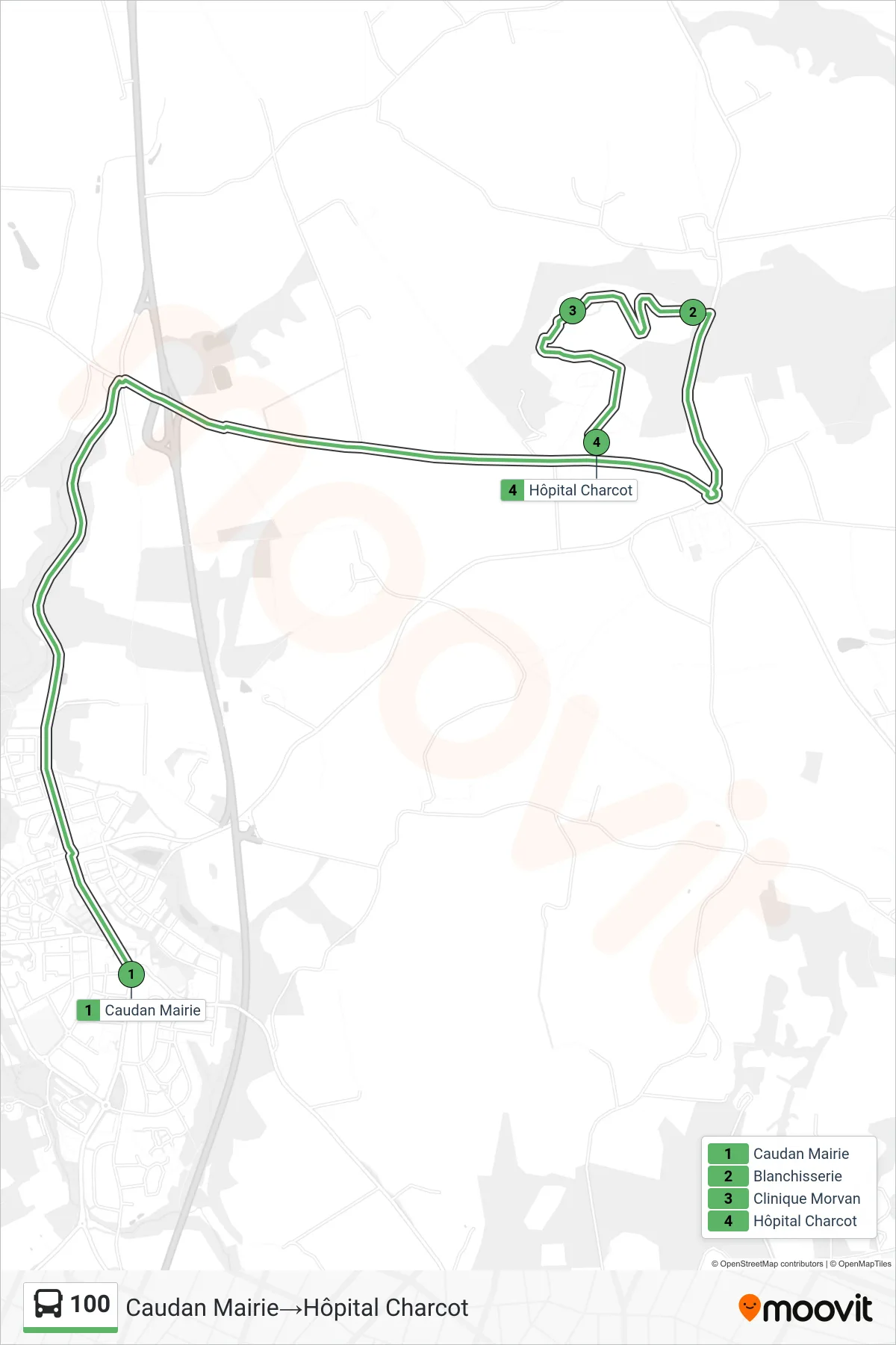 100 bus Line (Caudan Mairie‎→Hôpital Charcot) route and stops on a map