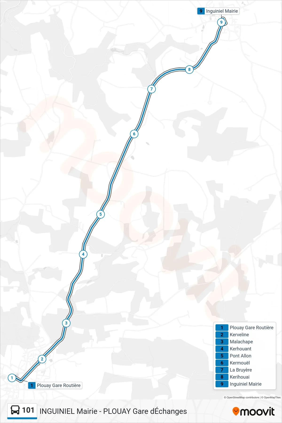 Tracé et arrêts de la ligne 101 de bus (Plouay Gare Routière→Inguiniel Mairie) sur une carte
