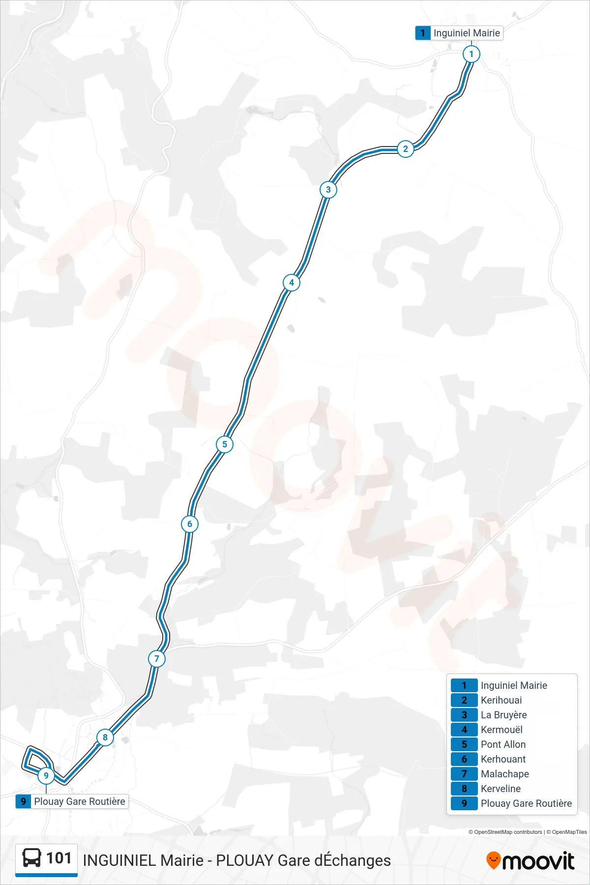 Tracé et arrêts de la ligne 101 de bus (Inguiniel Mairie‎→Plouay Gare Routière) sur une carte