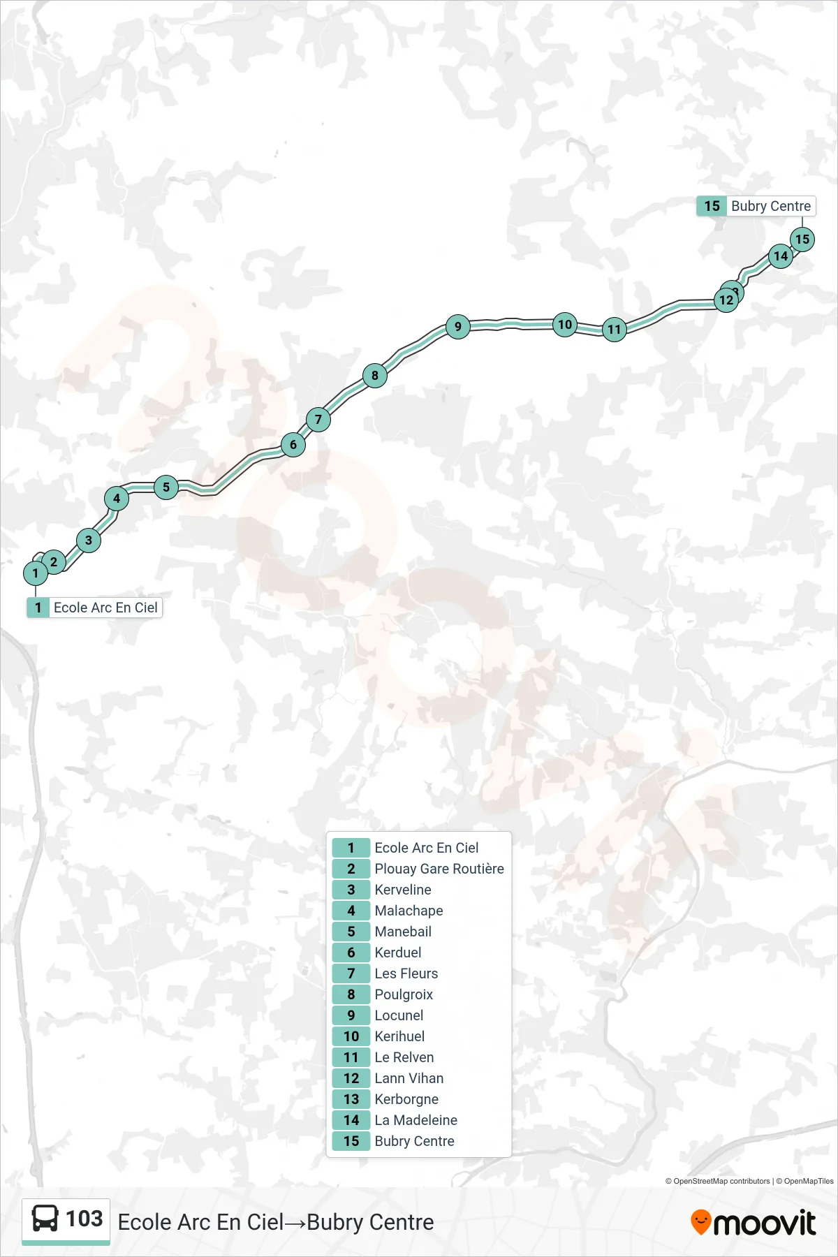 Tracé et arrêts de la ligne 103 de bus (Ecole Arc En Ciel‎→Bubry Centre) sur une carte