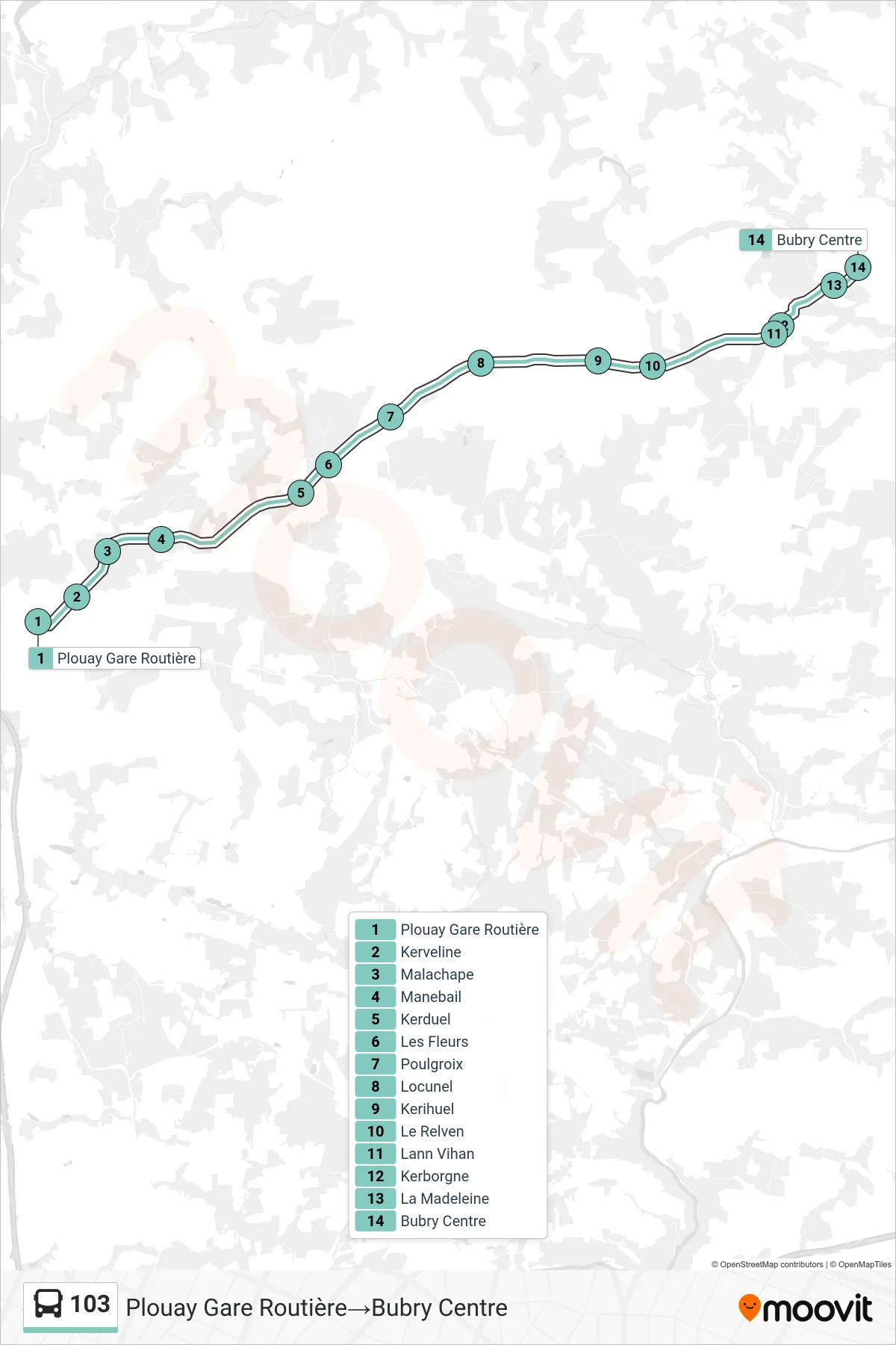 103 bus Line (Plouay Gare Routière‎→Bubry Centre) route and stops on a map