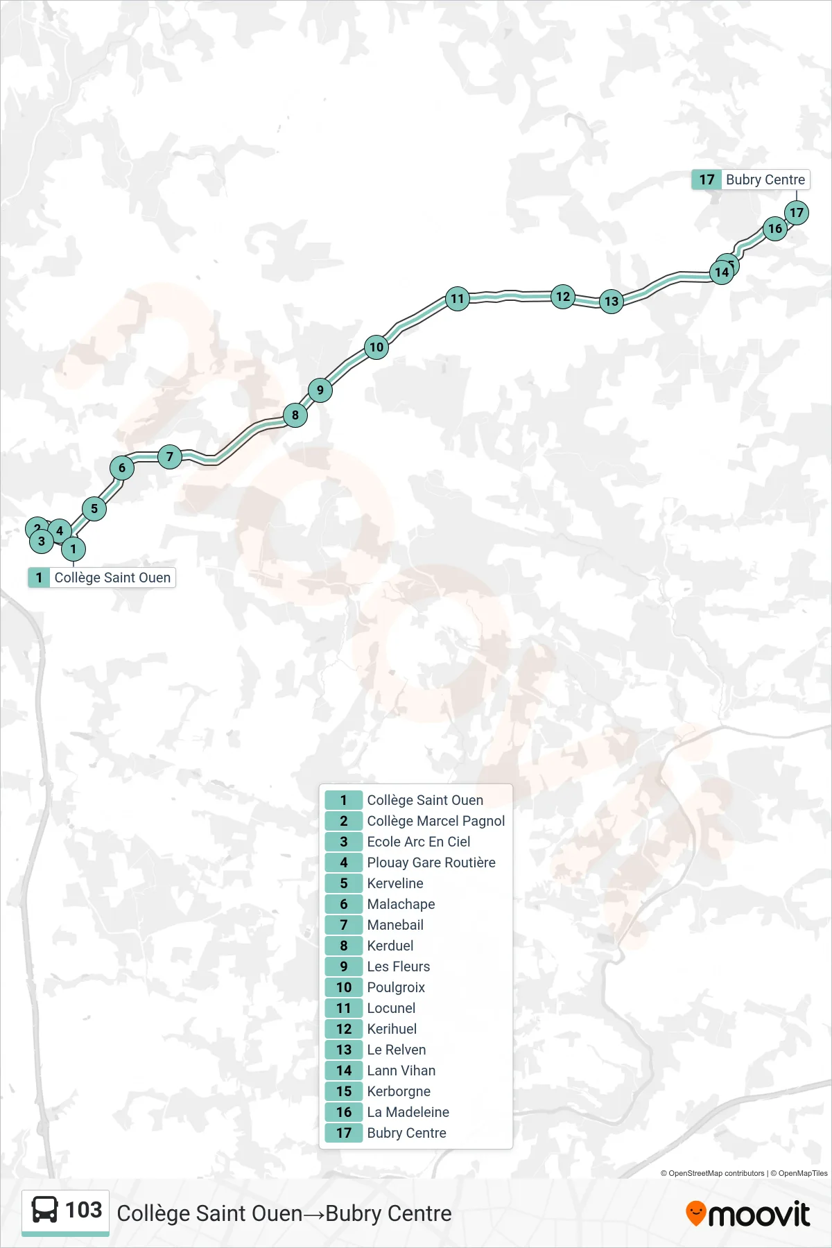 103 bus Line (Collège Saint Ouen‎→Bubry Centre) route and stops on a map
