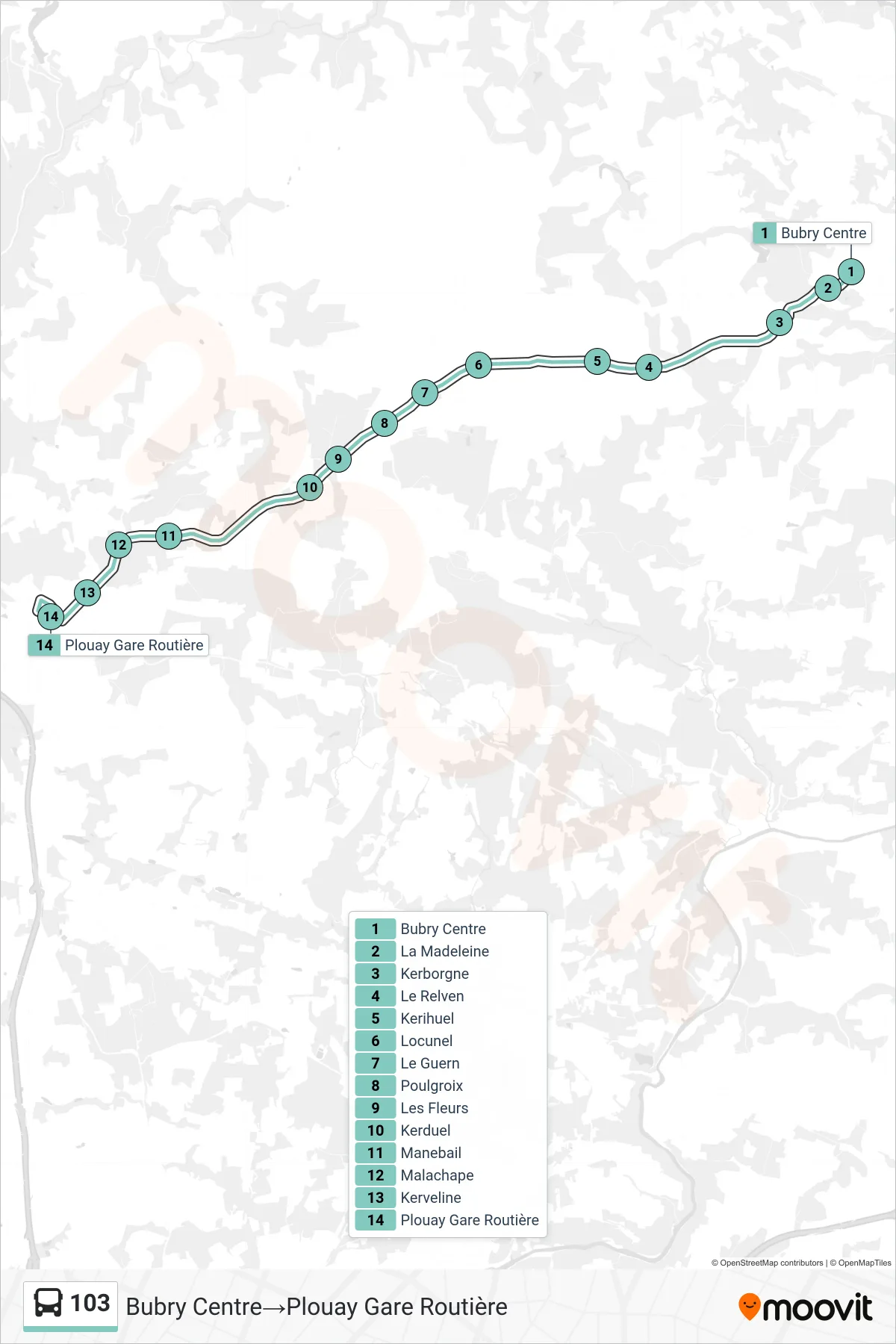 Tracé et arrêts de la ligne 103 de bus (Bubry Centre→Plouay Gare Routière) sur une carte