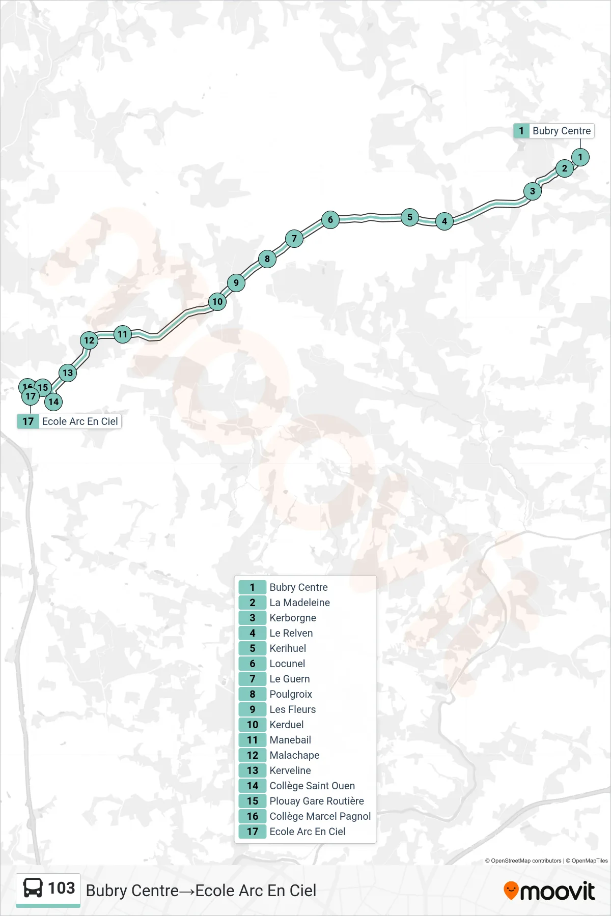 Tracé et arrêts de la ligne 103 de bus (Bubry Centre‎→Ecole Arc En Ciel) sur une carte