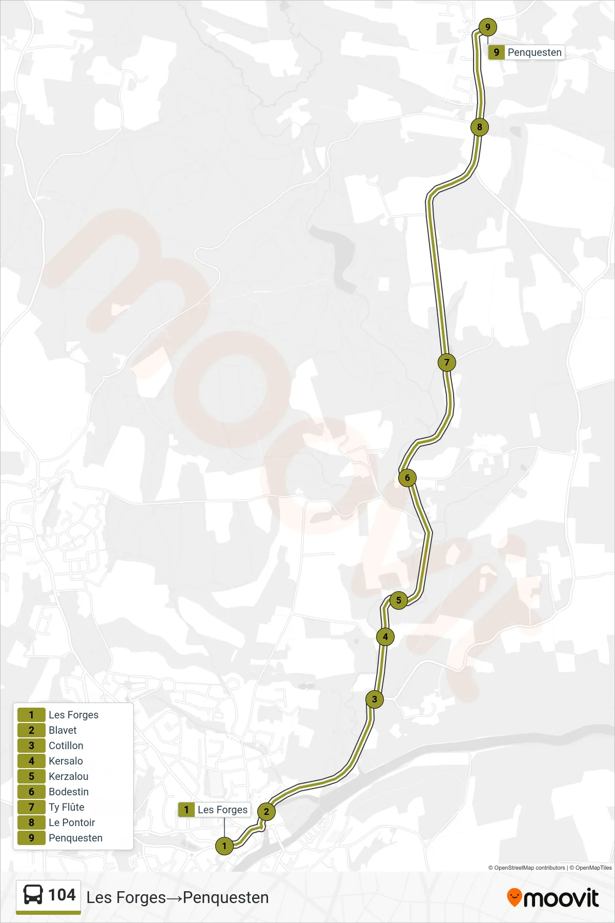 Tracé et arrêts de la ligne 104 de bus (Les Forges→Penquesten) sur une carte