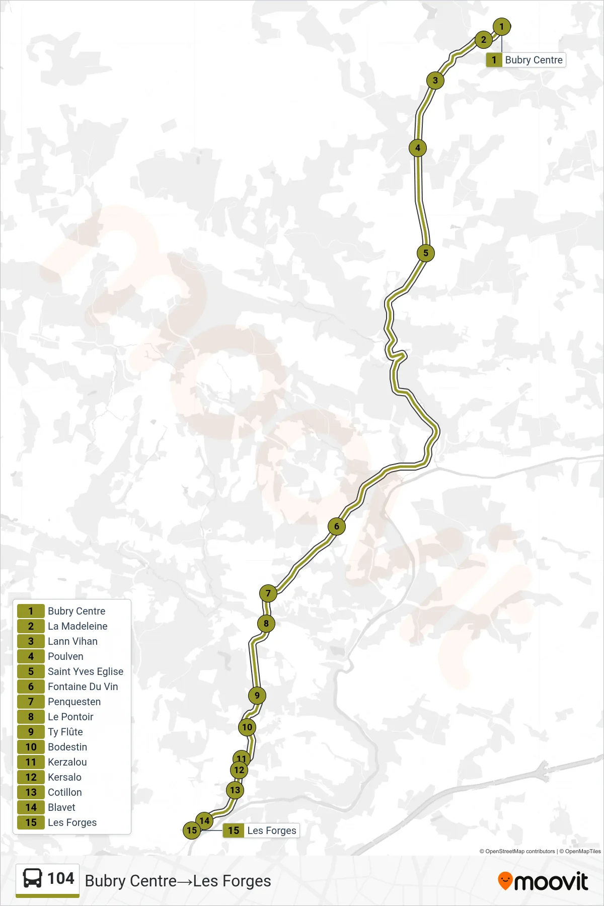 104 bus Line (Bubry Centre‎→Les Forges) route and stops on a map
