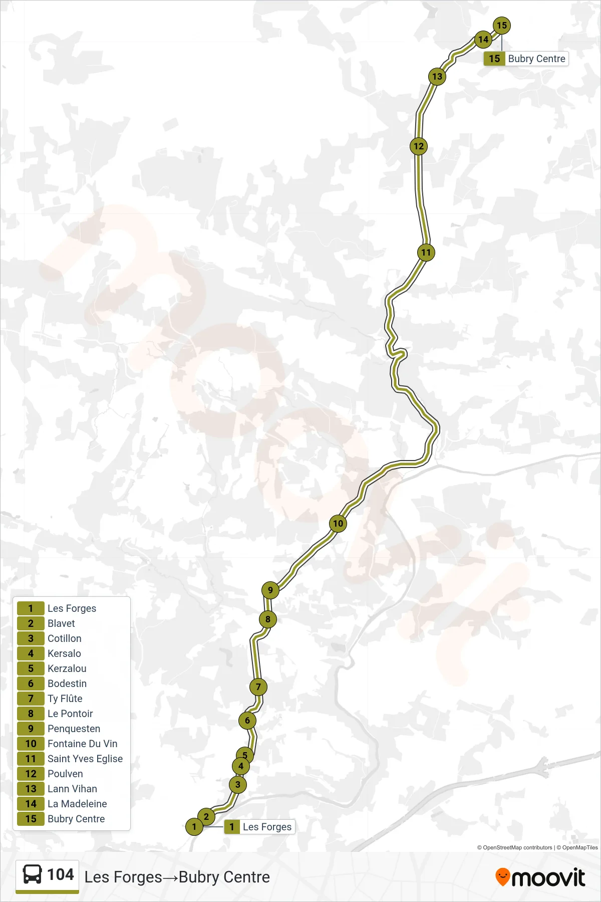 104 bus Line (Les Forges→Bubry Centre) route and stops on a map