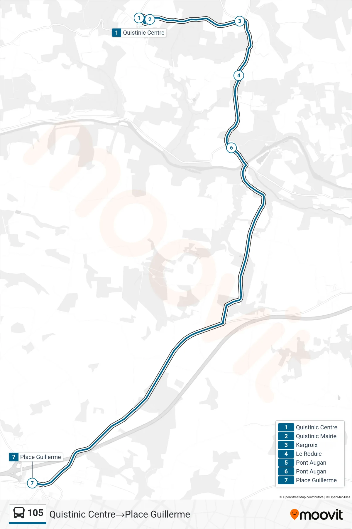 Recorrido y paradas de la línea 105 de autobús (Quistinic Centre→Place Guillerme) en el mapa