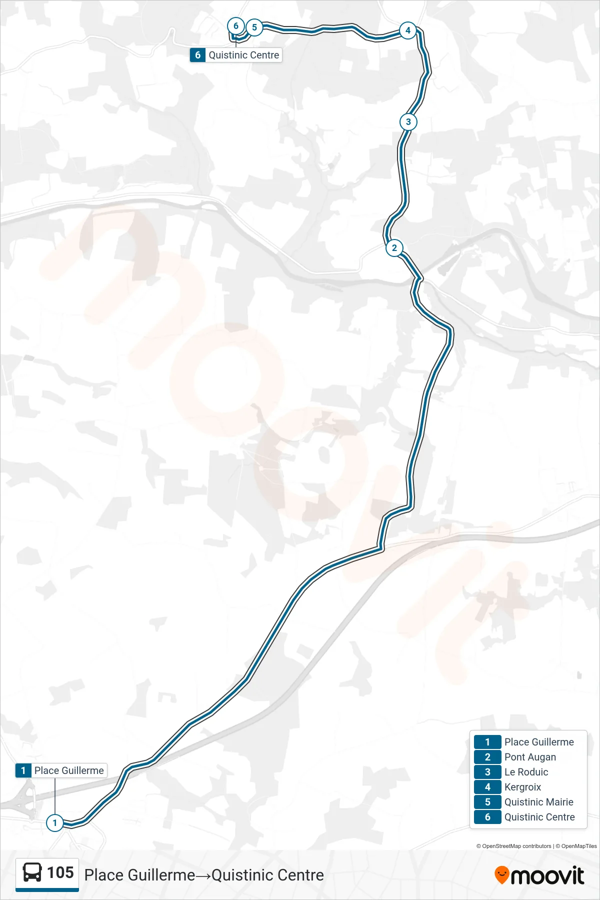 Tracé et arrêts de la ligne 105 de bus (Place Guillerme‎→Quistinic Centre) sur une carte