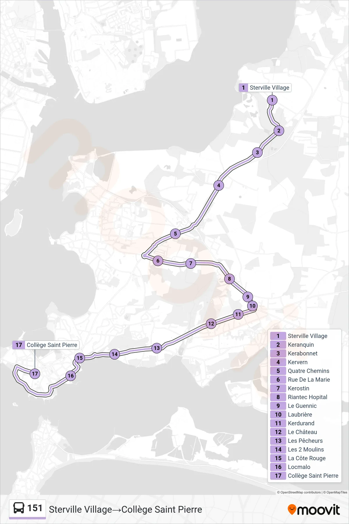 Tracé et arrêts de la ligne 151 de bus (Sterville Village‎→Collège Saint Pierre) sur une carte