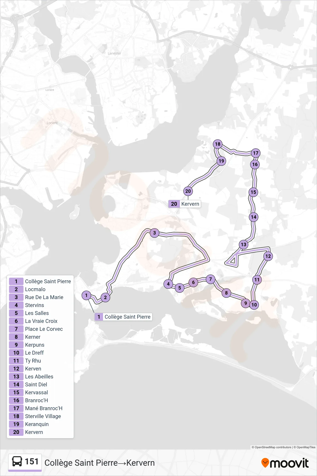 151 bus Line (Collège Saint Pierre‎→Kervern) route and stops on a map