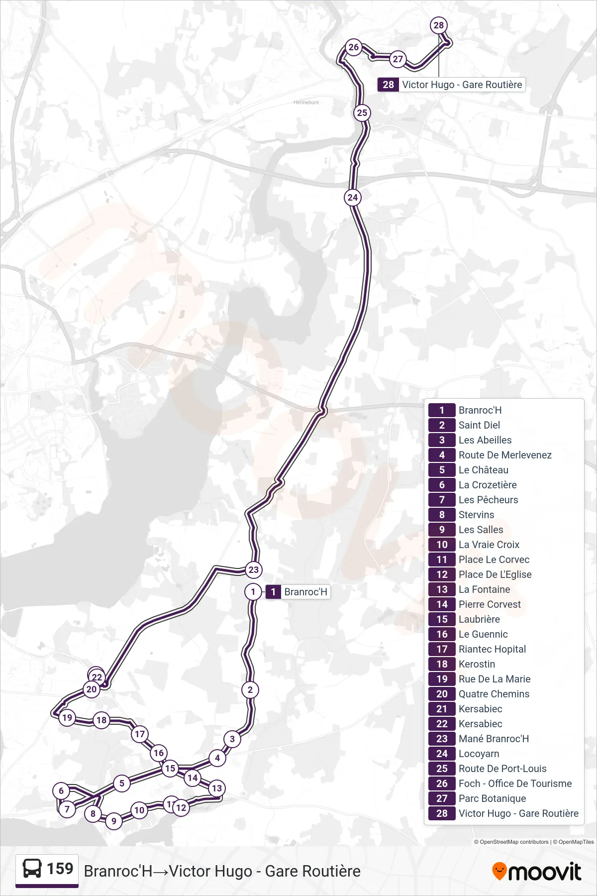 Tracé et arrêts de la ligne 159 de bus (Branroc'H→Victor Hugo - Gare Routière) sur une carte