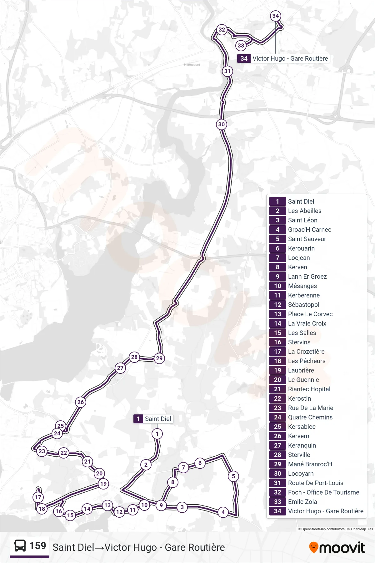 Tracé et arrêts de la ligne 159 de bus (Saint Diel‎→Victor Hugo - Gare Routière) sur une carte