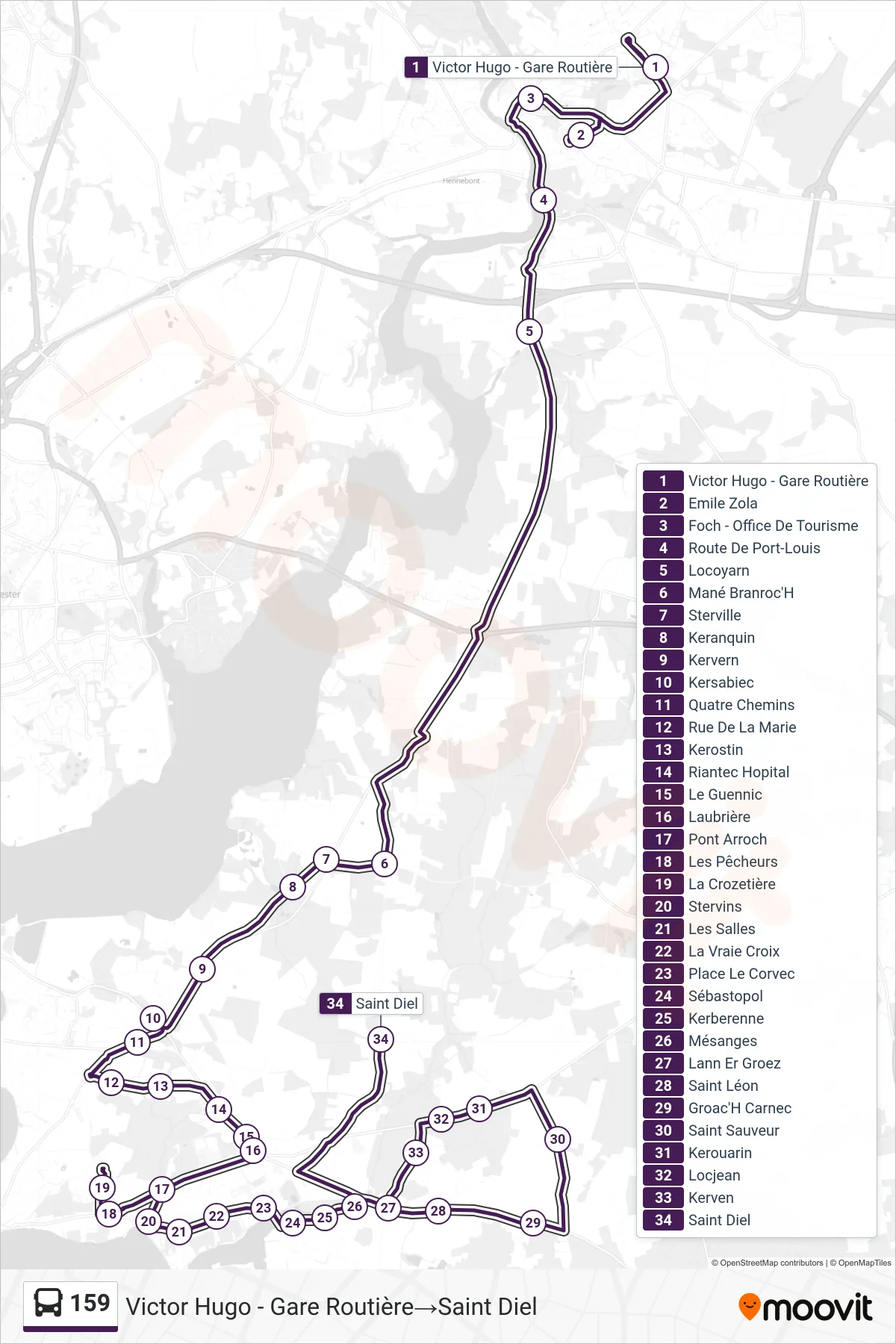 159 bus Line (Victor Hugo - Gare Routière‎→Saint Diel) route and stops on a map