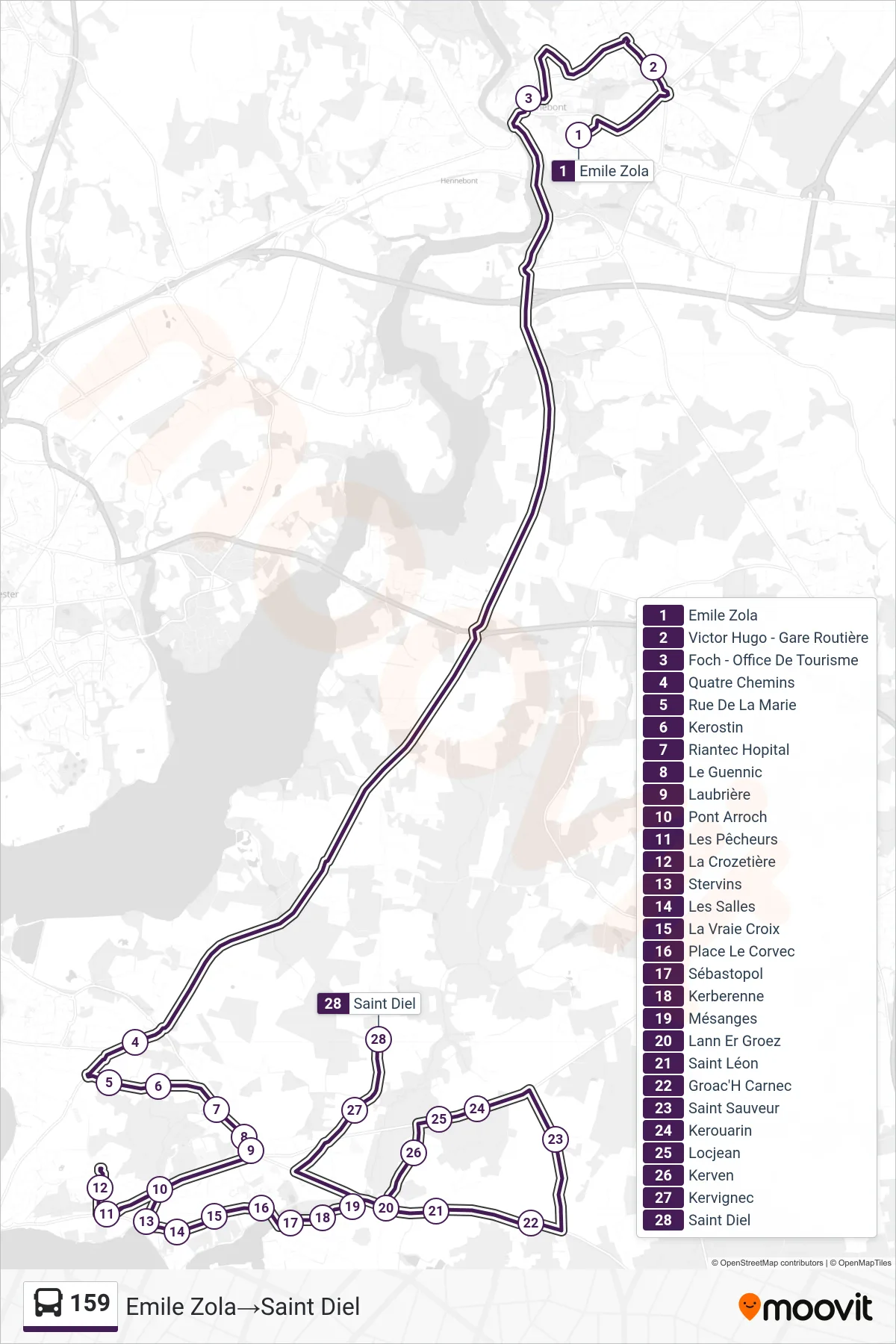 159 bus Line (Emile Zola→Saint Diel) route and stops on a map