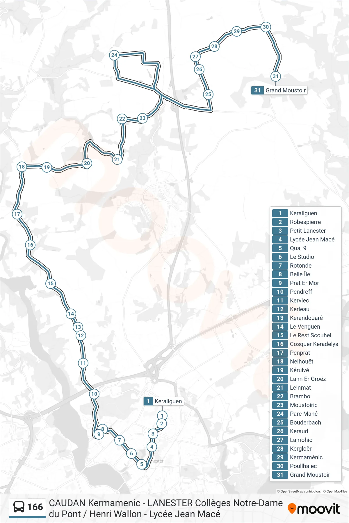 166 bus Line (Keraliguen→Grand Moustoir) route and stops on a map