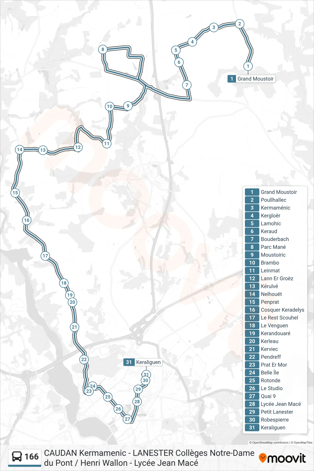 166 bus Line (Grand Moustoir‎→Keraliguen) route and stops on a map