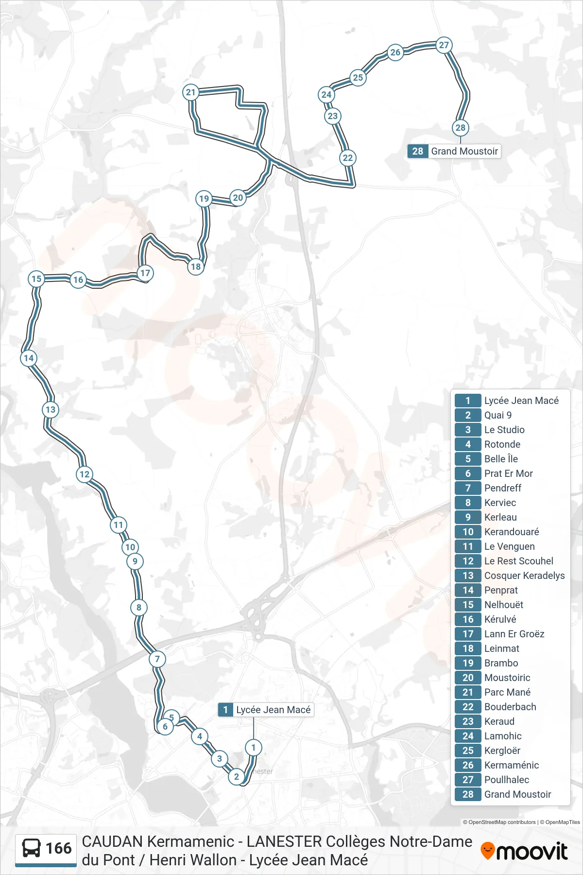 166 bus Line (Lycée Jean Macé‎→Grand Moustoir) route and stops on a map