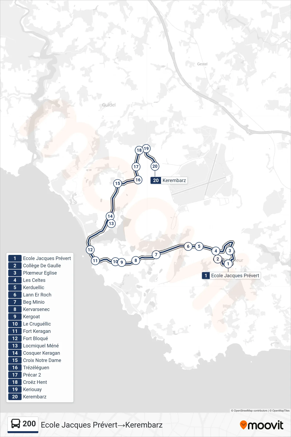 200 bus Line (Ecole Jacques Prévert‎→Kerembarz) route and stops on a map