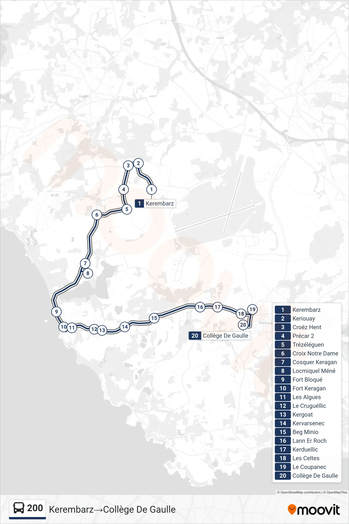 200 bus Line (Kerembarz‎→Collège De Gaulle) route and stops on a map