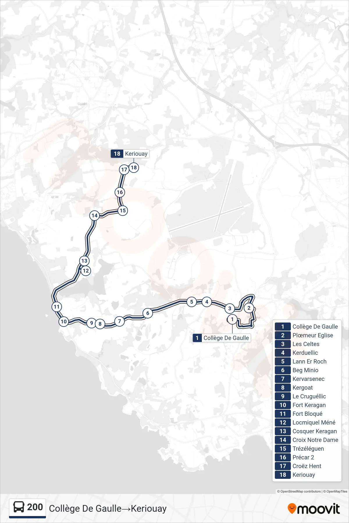 200 bus Line (Collège De Gaulle‎→Keriouay) route and stops on a map