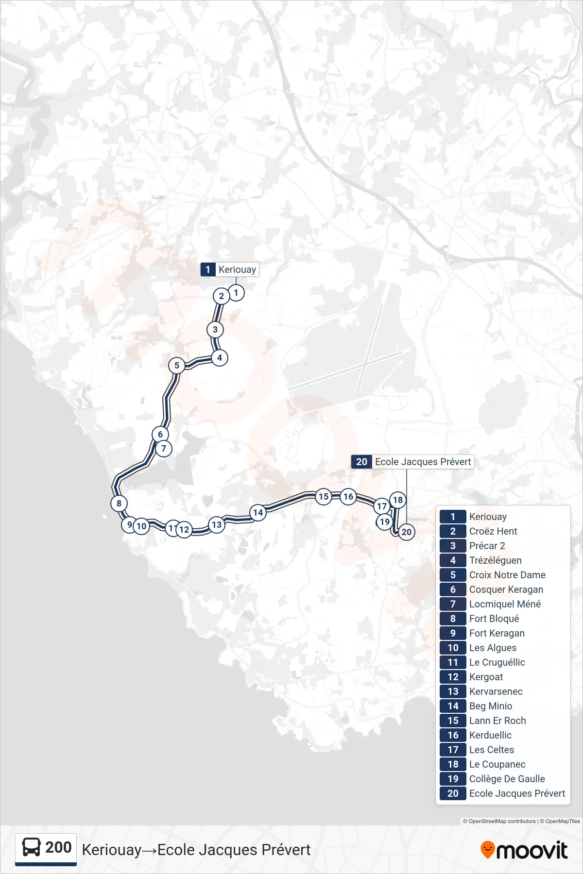 200 bus Line (Keriouay→Ecole Jacques Prévert) route and stops on a map