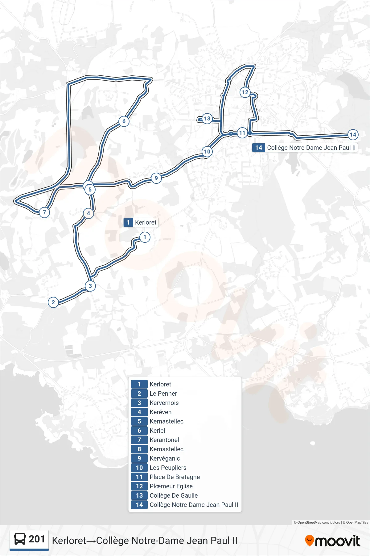 201 bus Line (Kerloret→Collège Notre-Dame Jean Paul II) route and stops on a map