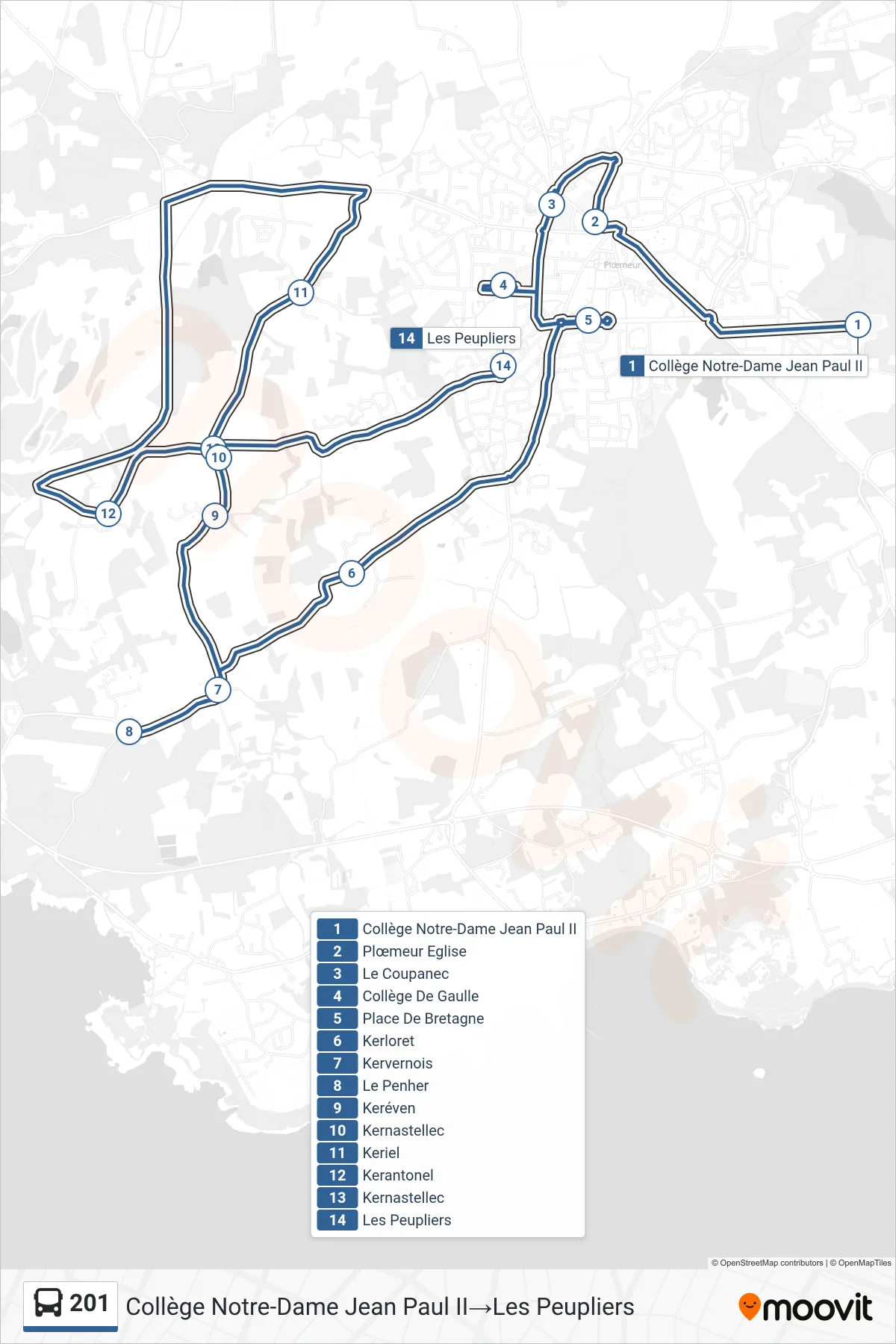 Tracé et arrêts de la ligne 201 de bus (Collège Notre-Dame Jean Paul II‎→Les Peupliers) sur une carte