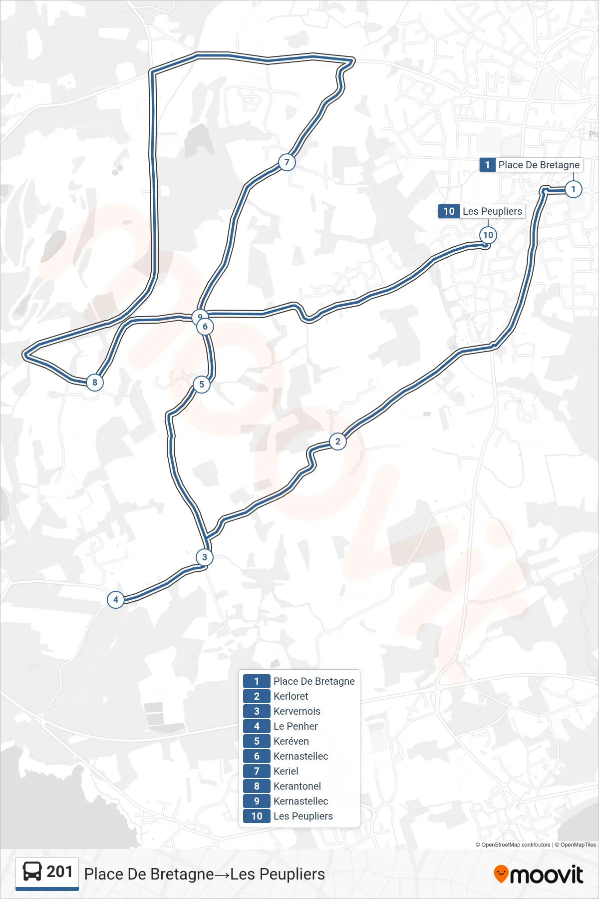 201 bus Line (Place De Bretagne‎→Les Peupliers) route and stops on a map
